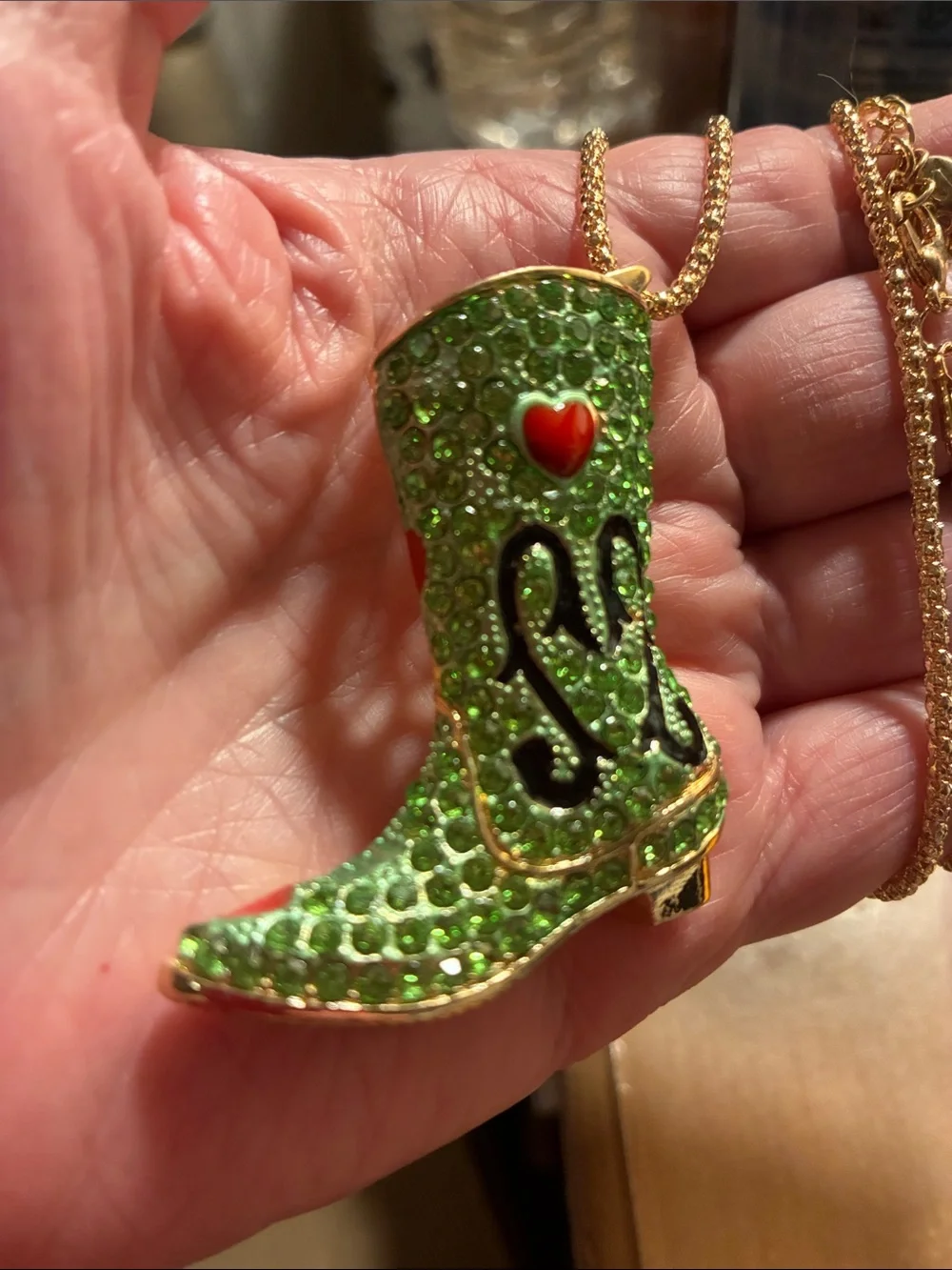 Green Jeweled Cowboy Boot Pendant Necklace